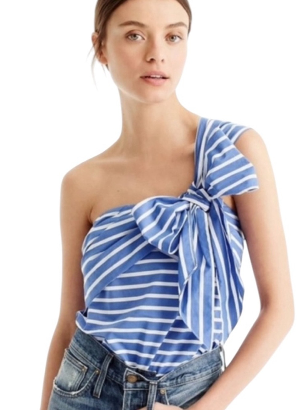 J. Crew Blue White Striped Print Poplin One Shoulder Bow Detail Top - 8